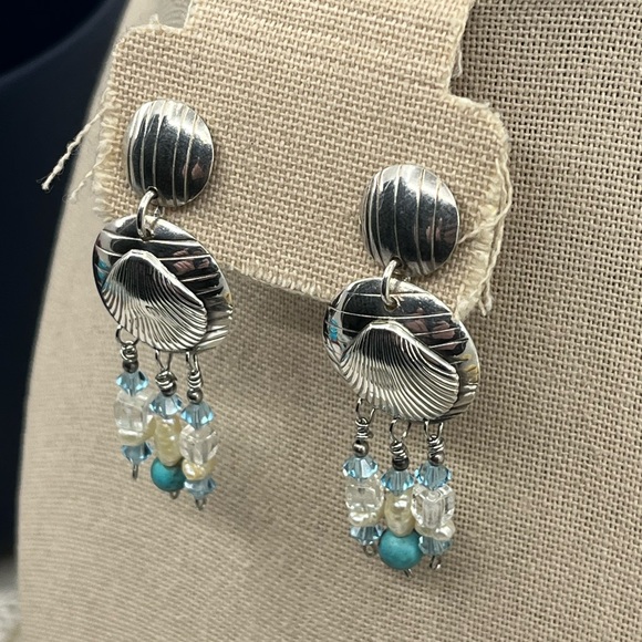 90's Handmade Sterling Silver Double Shell Earrings with Turquoise - Picture 4 of 16